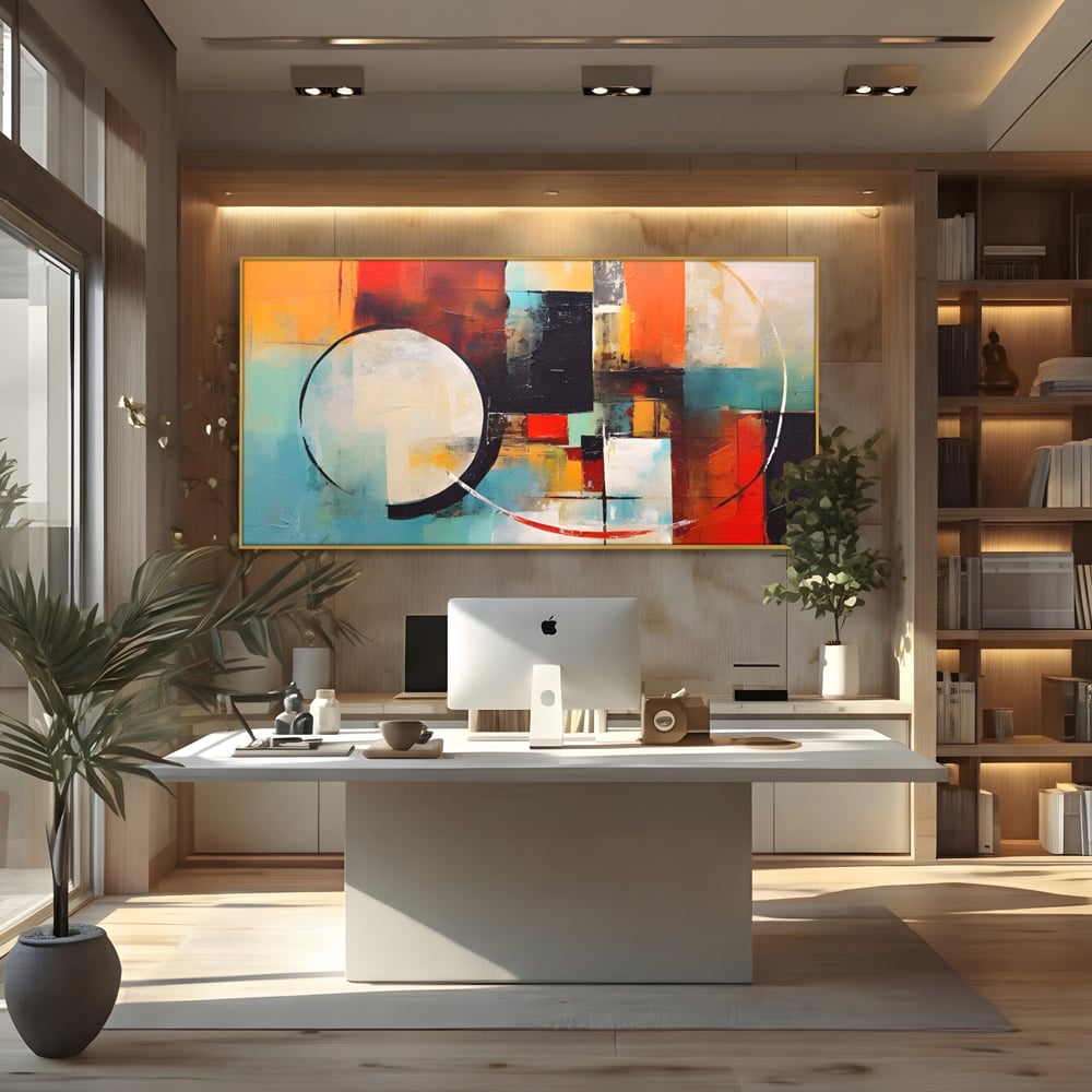 Tablou canvas cu pictura abstracta cu cercuri si linii, in rama de aluminiu auriu, pe perete intr-un birou